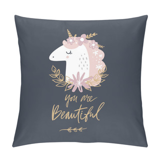 Personality  Cute Hand Drawn Girl Unicorn Pastel Nursery Art. Pastel Colors. Good For Prints, Birthday Invitations, Cards. Girl Postcard With Magical Pony, Wreath Flowers, Gold Elements. Vector, Clip Art Pillow Covers