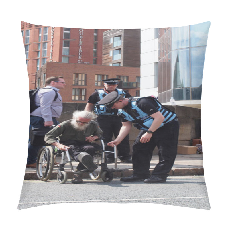 Personality  Leeds, West Yorkshire, United Kingdom - 16 July 2019: Police Liaison Officers Helping Man In Wheelchair At Extinction Rebellion Protest Blocking Road At Victoria Bridge In Leeds Pillow Covers