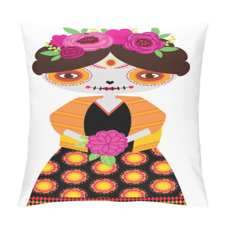 Personality  Vector Illustraton Of Catrina Doll On A White Background. Inspired By The Day Of The Dead Holiday In Mexico. Perfect To Celebrate Halloween And Use On Fabrics, Scrapbooking And All Kinds Of Crafts. Pillow Covers
