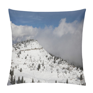Personality  Breathtaking Alpine Landscape With Mountains With Snow And Larch Forest In Winter And White Clouds And Blue Sky Pillow Covers