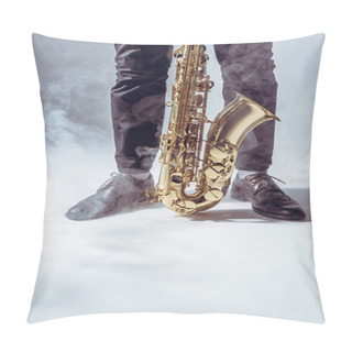 Personality  Partial View Of Young Musician Standing With Saxophone In Smoke On Grey     Pillow Covers