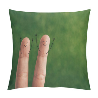 Personality  Cropped View Of Cheerful Couple Of Fingers On Green Pillow Covers
