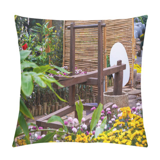 Personality  Close-up Of Agricultural Implements Placed In A Rural Chrysanthemum Garden Pillow Covers