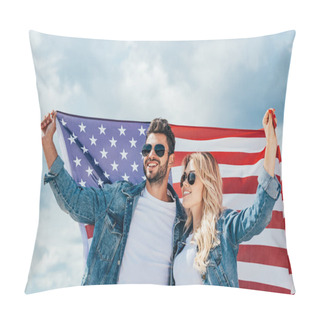 Personality  Attractive Woman And Handsome Man Smiling And Holding American Flag  Pillow Covers