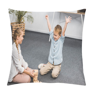 Personality  Happy Boy With Raising Hands And Cute Girl Sitting On Floor And Playing Blocks Wood Tower Game In Apartment Pillow Covers