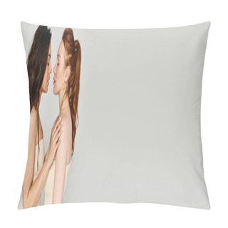 Personality  A Loving Lesbian Couple In Elegant Attires Pose Happily Next To Each Other In Front Of A White Wall. Pillow Covers