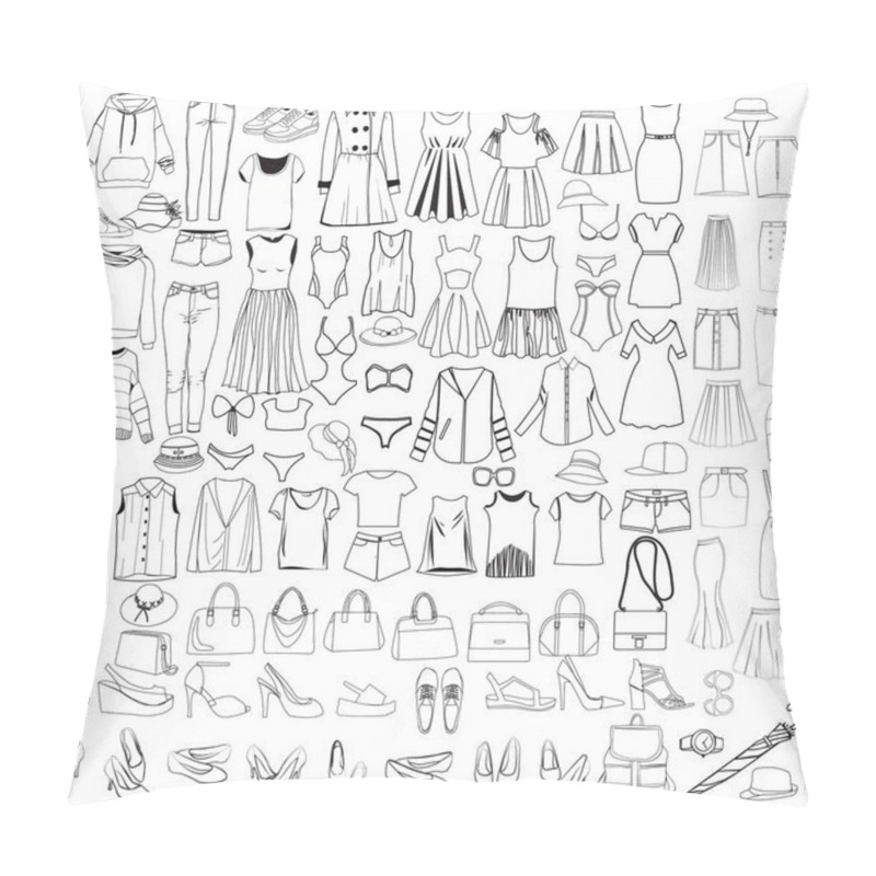 Personality  Hand drawn big collection of woman clothes and accessories icons pillow covers