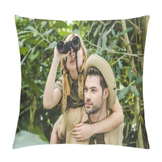 Personality  Beautiful Young Couple In Safari Suits With Binoculars Hiking In Jungle Pillow Covers