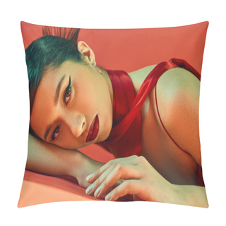 Personality  Sensual And Charming Asian Woman With Expressive Gaze Laying On Red Background And Looking At Camera, Bold Makeup, Brunette Hair, Neckerchief, Spring Fashion Photography Pillow Covers