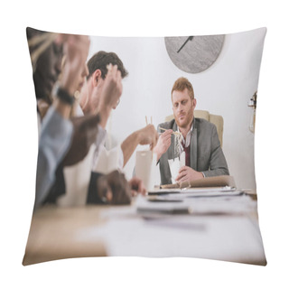Personality  Group Of Businesspeople Eating Noodles Together At Office With Boss Pillow Covers