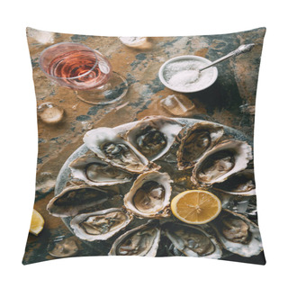 Personality  Flat Lay With Glass Of Wine, Oysters With Ice And Lemon Pieces On Grungy Tabletop Pillow Covers