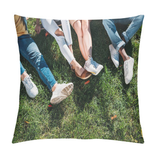 Personality  Cropped Shot Of Multiethnic Friends Resting On Green Grass Pillow Covers