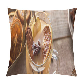 Personality  Selective Focus Of Pear Mulled Wine With Spices And Dried Citrus On Wooden Table, Panoramic Shot Pillow Covers