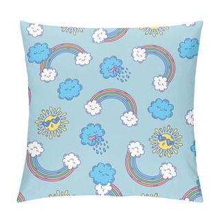 Personality  Cute Hand-drawn Endless Doodle Pattern With Sun, Rainy Clouds And Rainbow. Pillow Covers