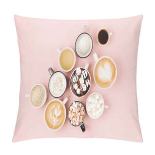 Personality  Various Kinds Of Coffee In Cups Of Different Size   On Pale Pink Background.  Coffee  Time Concept.  Flat Lay, Top View Pillow Covers
