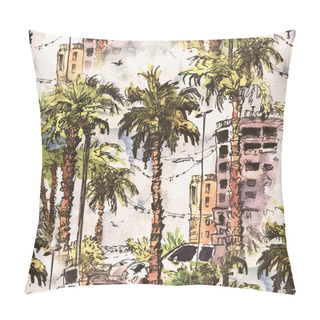 Personality  Seamless Pattern. Downtown With Street And Buildings Of Miami City In Florida, USA. Watercolor Splash With Hand Drawn Sketch Illustration. Retro Colorful Watercolor Silhouettes Of Palm Trees. Pillow Covers