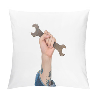 Personality  Cropped Image Of Male Hand Holding Wrench Isolated On White Pillow Covers