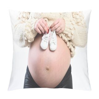 Personality  Female Hands Of Pregnant Woman Holding Baby Booties On Belly Pillow Covers
