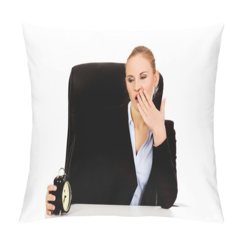 Personality  Tired Business Woman Behind The Desk With Alarm Clock Pillow Covers