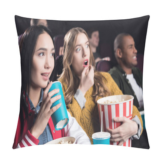 Personality Young Emotional Friends With Popcorn Watching Film In Movie Theater Pillow Covers