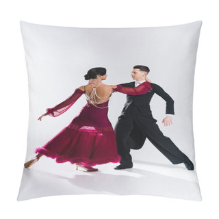 Personality  Elegant Young Couple Of Ballroom Dancers In Red Dress In Suit Dancing On White Pillow Covers