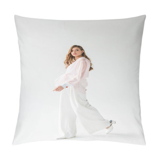 Personality  Attractive And Stylish Young Woman Walking On White  Pillow Covers