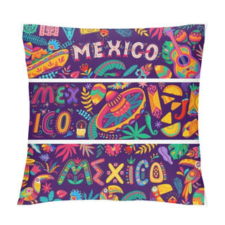 Personality  Mexican National Sombrero And Food, Toucan, Flowers, Guitar And Papel Picado Flags. Vector Banners With Ethnic Mexican Ornament Background Of Flowers, Leaves, Birds And Jalapeno Pepper Pillow Covers