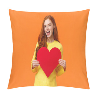 Personality  Hey Gorgeous You Have My Heart. Valentines Day, Boyfriend And Girlfriend Concept. Cute And Sassy Redhead Woman Holding Large Sign And Smiling, Wink Coquettish, Standing Orange Background Pillow Covers