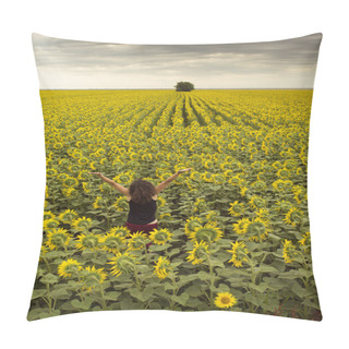 Personality  Beautiful Young Woman In A Field Of Flowers Having A Joyful And Positive Attitude Pillow Covers