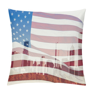 Personality  Double Exposure With The American Flag And The Skyscrapers Of Chicago, Illinois, USA. Concept Pillow Covers