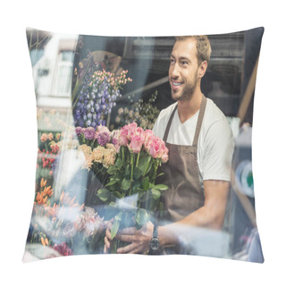 Personality  View Through Window Of Handsome Florist Holding Bouquet Of Pink Roses In Flower Shop And Looking Away Pillow Covers