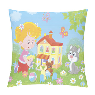 Personality  Cute Little Girl Playing With A Small Doll, A Bear, A Rabbit And A Toy House Among Flowers On A Sunny Summer Day, Vector Illustration In A Cartoon Style  Pillow Covers