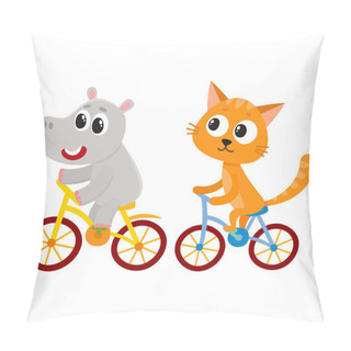 Personality  Cute Little Hippo And Cat, Kitten Characters Riding Bicycles Together Pillow Covers