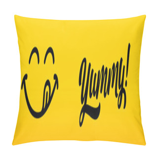 Personality  Yummy Face Smile With Tongue Lick, Tasty Delicious Food Vector Logo. Yummy Smile Or Yum Face Mouth With Delicious Licking Tongue Pillow Covers