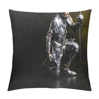 Personality  Handsome Knight In Armor Holding Sword And Bend Knee On Black Background Pillow Covers