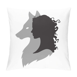 Personality  Silhouette Of Beautiful Woman With Shadow Of Wolf Isolated. Sticker, Print Or Tattoo Design Vector Illustration. Pagan Totem, Wiccan Familiar Spirit Art Pillow Covers