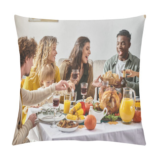 Personality  Joyous Interracial Family And Friends Gathering At Thanksgiving Table With Various Meals And Drinks Pillow Covers
