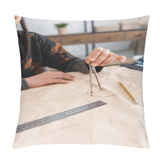 Personality  Cropped View Of African American Designer Drawing With Compass On Sewing Pattern Near Pencil  Pillow Covers