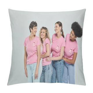 Personality  Multicultural Women Different Age Smiling On Grey Backdrop, Support, Breast Cancer Awareness Pillow Covers