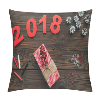 Personality  Flat Lay With Christmas Gifts, Pine Cones And 2018 Year Sign On Dark Wooden Tabletop Pillow Covers