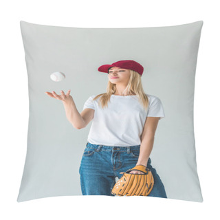 Personality  Attractive Baseball Player In Red Cap Throwing Up Baseball Ball Isolated On White Pillow Covers