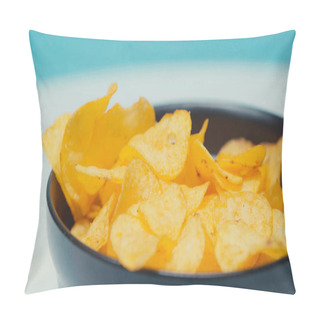 Personality  Close Up View Of Crunchy And Ridged Potato Chips In Bowl On Blue Pillow Covers