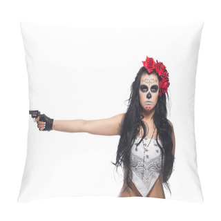 Personality  Serious Woman In Day Of The Dead Mask With Gun Pillow Covers