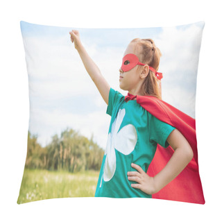 Personality  Adorable Child In Superhero Costume With Outstretched Arm In Summer Field Pillow Covers