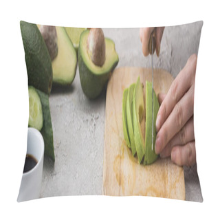 Personality  Panoramic Shot Of Woman Cutting Avocado With Knife On Cutting Board Among Ingredients  Pillow Covers