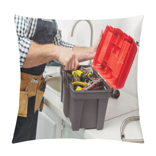 Personality  Cropped View Of Workman In Overalls Opening Toolbox On Kitchen Worktop  Pillow Covers
