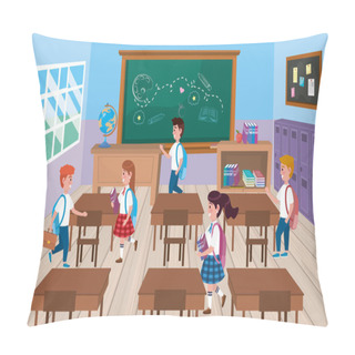 Personality  Girls And Boys Students In The Classroom With Blackboard Pillow Covers