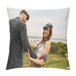 Personality  Cheerful Brunette Woman In Vest And Newsboy Cap Touching Bearded Boyfriend In Jacket And Looking Away With Nature And Overcast Sky At Background, Fashion-forwards In Countryside Pillow Covers