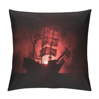 Personality  Black Silhouette Of The Pirate Ship In Night. Night Scene Of Ghost Pirate Ship In The Sea With Mysterious Light. Selective Focus Pillow Covers