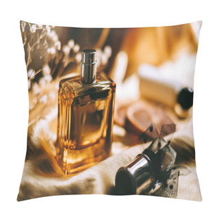 Personality  Perfume Bottle On Golden Satin Fabric With Dried White Flowers And Orange Slices, Warm Light. High Quality Photo Pillow Covers